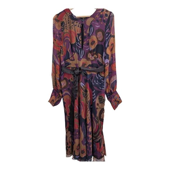 Vintage 100% Silk FLORAL midi dress ribbon tie long sleeves US size 6 - Picture 2 of 16